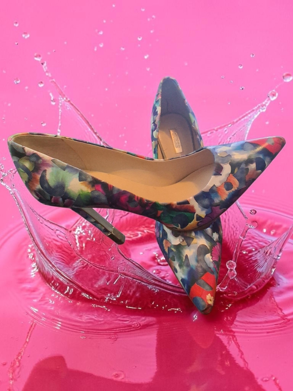 Guess Colorful Floral Print Stiletto Heels Women's Shoe Size 9.5 gold heels tip